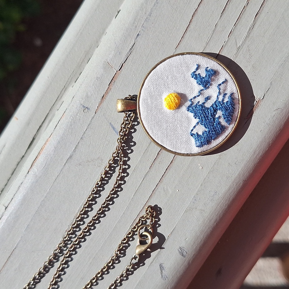 Hand Embroidered Sunny Mountain Range Pendant Necklace Hiking Outdoor Granny